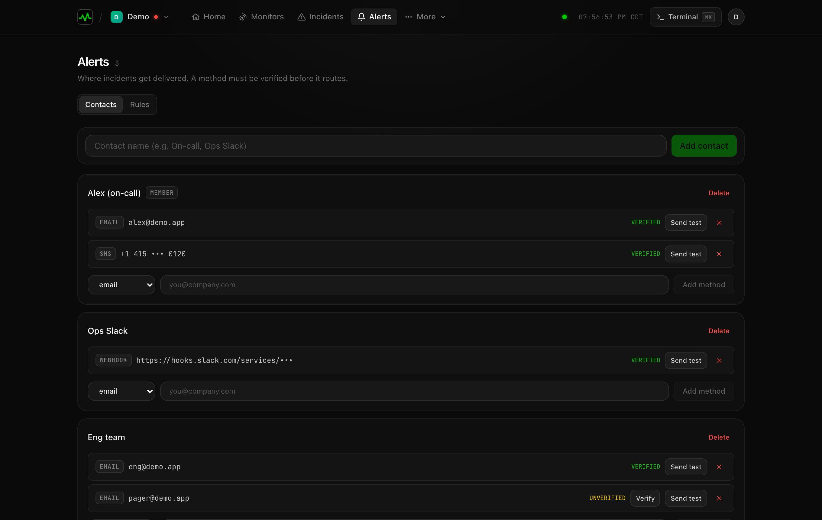 The alerts page with contacts and delivery methods