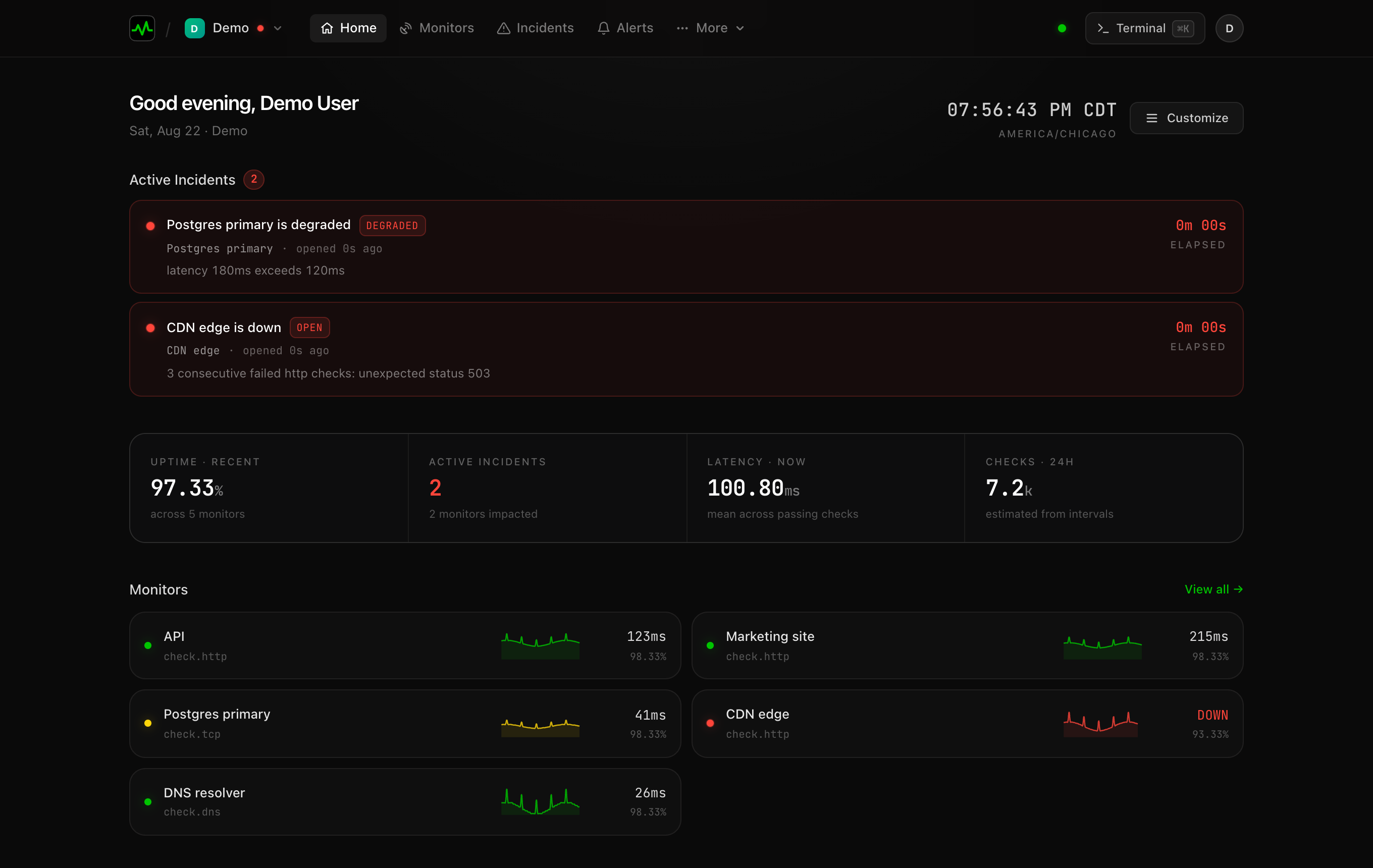 The Latency console dashboard