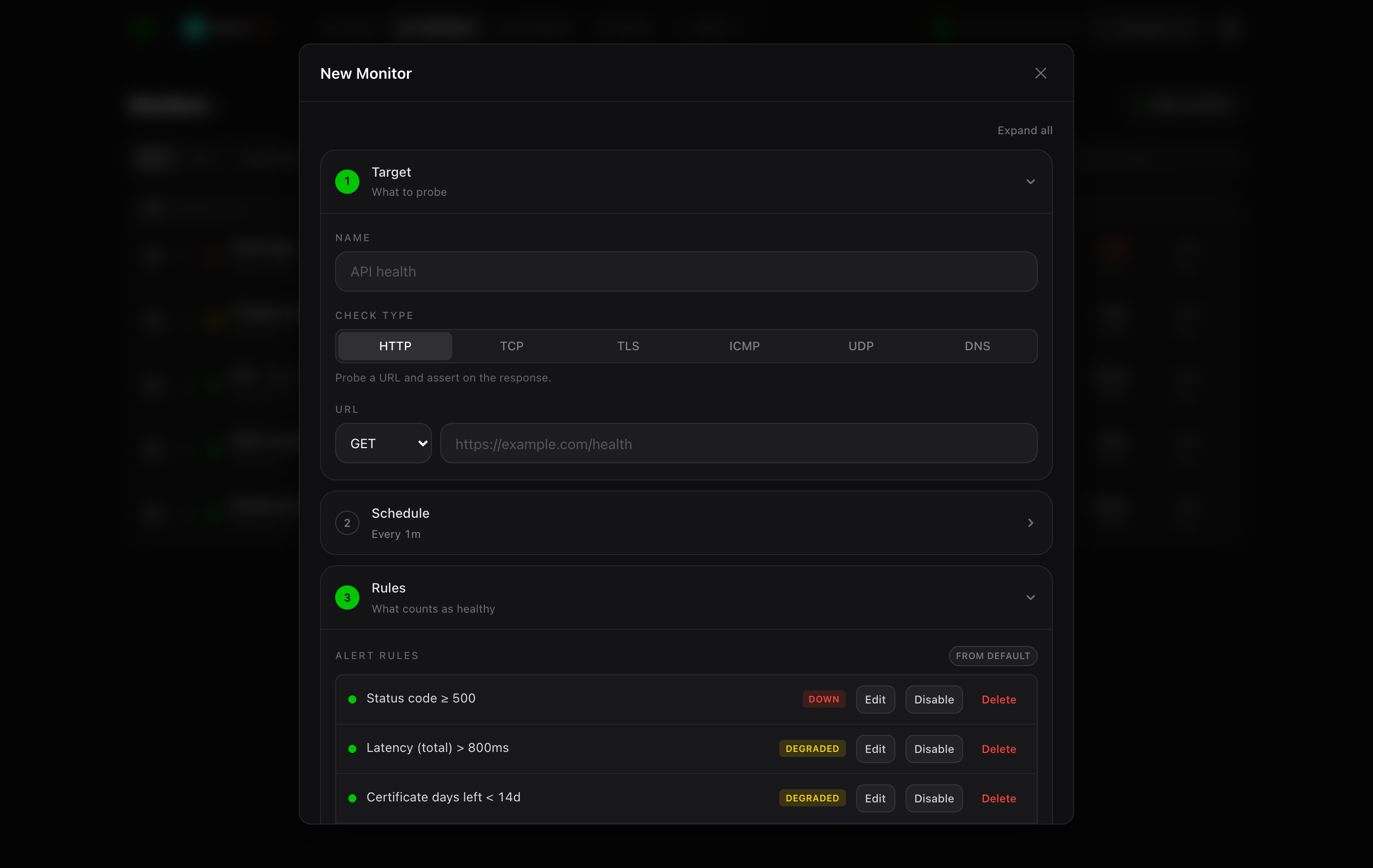 The new-monitor dialog with the target, schedule, and rules